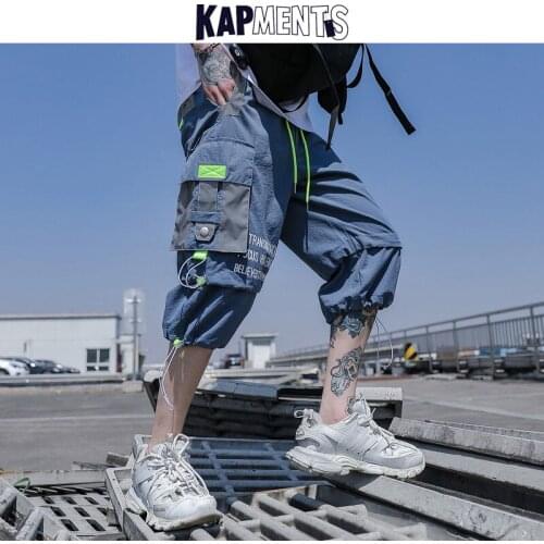 KAPMENTS Men Multifunction Joggers Shorts 2020 Summer Streetwear Hip Hop Ribbon Pants Mens Fashions Black Loose Harem Pants
