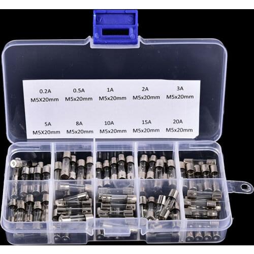 100pcs/lot Set Kit 5x20mm Fuse Assorted Kits DIY Quick Blow Glass Tube Fast-blow Glass Fuses 0.2A-20A