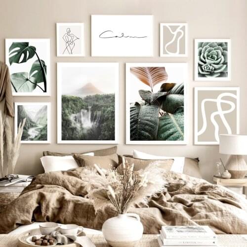 Mountain waterfall monstera Succulents Wall Art Canvas Painting Nordic Posters And Prints Wall Pictures For Living Room Decor