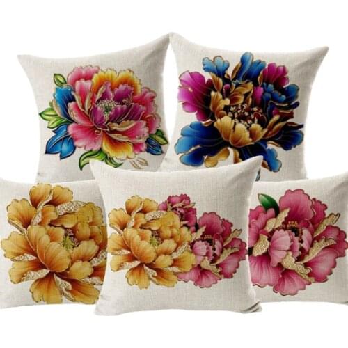 Gold Flower Printing Cotton Linen Throw Pillow Cushion Cover Car Home Decoration Sofa Decor Decorative Pillowcase