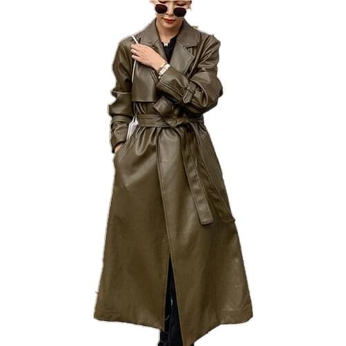 New Fashion Women PU Leather Long British belted Waist Single Breasted Slim Trench Coats