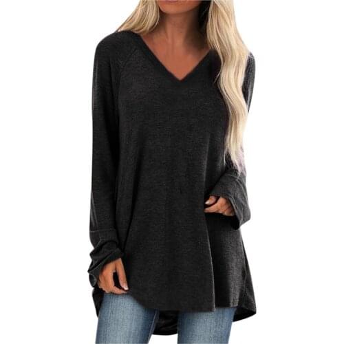Autumn Hot Sale Solid Casual Large V-neck Loose Long Sleeve Pullover T-Shirt Medium Length