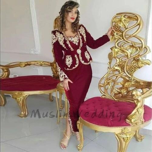 Chic Karakou Algerian Burgundy Evening Dress Elegant Two Piece Short Prom Dress With Jackets Appliques Mermaid Long Sleeve Dress