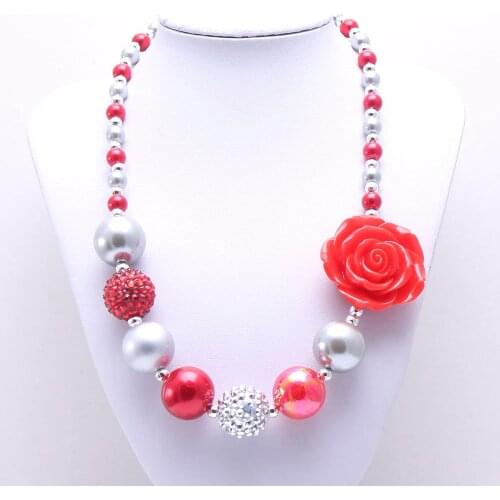 MHS.SUN Cute Red Flower Girls Child Chunky Beads Necklace Fashion Bubblegum Beaded Jewelry For Kids Toddler Party Gifts New