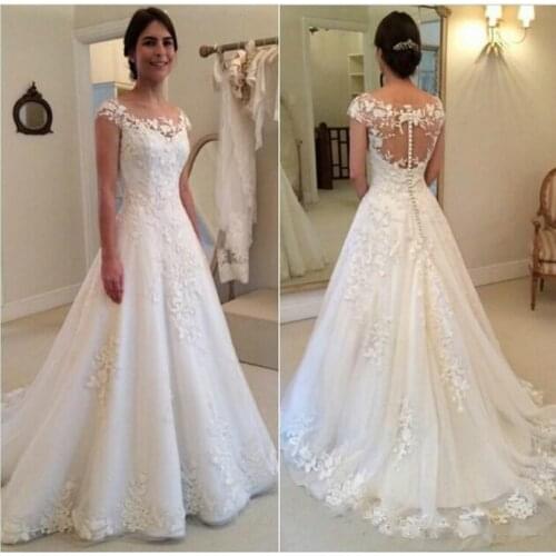 Modest New Lace Appliques Wedding Dresses A Line Sheer Bateau Neckline See Through Button Back Bridal Gown Vestido De Noiva