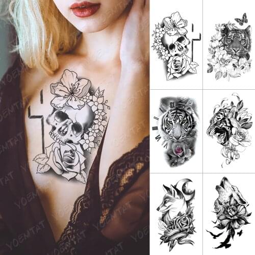 Waterproof Temporary Tattoo Sticker Skull Cross Rose Flash Tattoos Tiger Wolf Body Art Arm Water Transfer Fake Tatoo Women Men