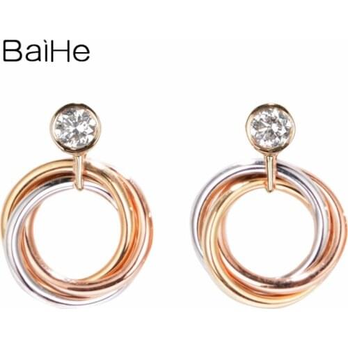 BAIHE Genuine Solid 14K Tricolor Gold 0.20CT H/SI Sparkling Diamonds Cерьги Wedding Trendy Fine Jewelry Stud Earrings Women