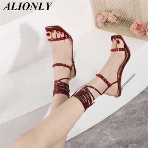 ALIONLY Sexy Rivet Ankle Strappy Party Shoes for Women 2021 Summer High Heels Wedding Shoes Open Toe Shoes Zapatos
