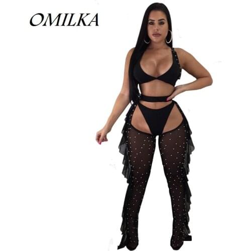 OMILKA 2018 Summer Women Sleeveless O Neck Pearl Mesh Ruffle Crop Top and Long Pants Set Sexy Transparent 3 Piece Clothing Set