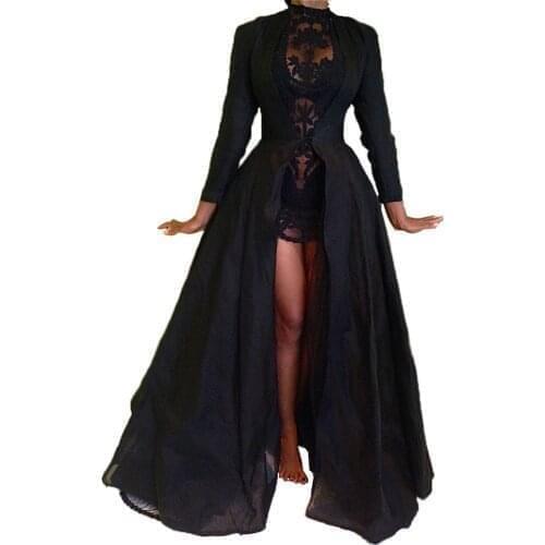 2019 New High Quality Sexy Gothic Lace High Waist Sheer Jacket Long Dress Gown Party Costume Lady Autumn Dress Black