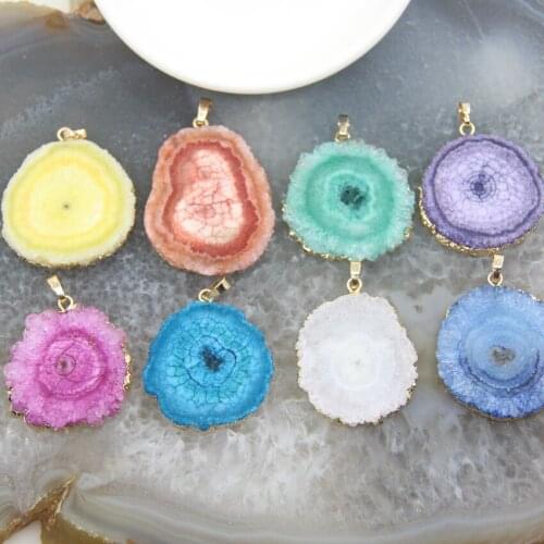 1pcs Solar Quartz Druzy Slice Golden Pendant,Natural Stone Slab Sun Flower Geode Necklace DIY Jewelry For Woman Gift Accessories