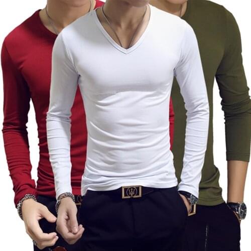 2021 Elastic Mens T-Shirt V-Neck Long Sleeve Men T Shirt For Male Lycra And Cotton T-Shirts Man Clothing TShirt Brand Tees