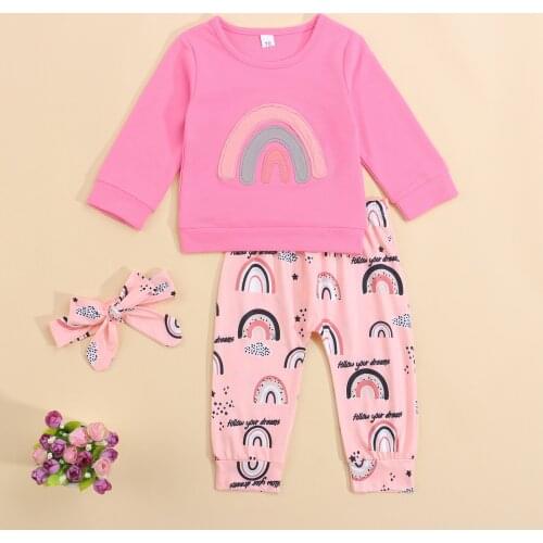 Autumn Fall 2021 Toddler Girls Clothes Baby Girls Rainbow Print T-Shirt Pants Headband 3Pcs Children Clothing