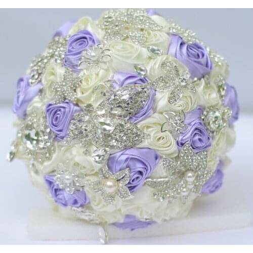 8-inch custom bridal bouquet,Korean bridal bouquet, rhinestone brooch bouquet, purple + ivory wedding bridesmaid rose ball