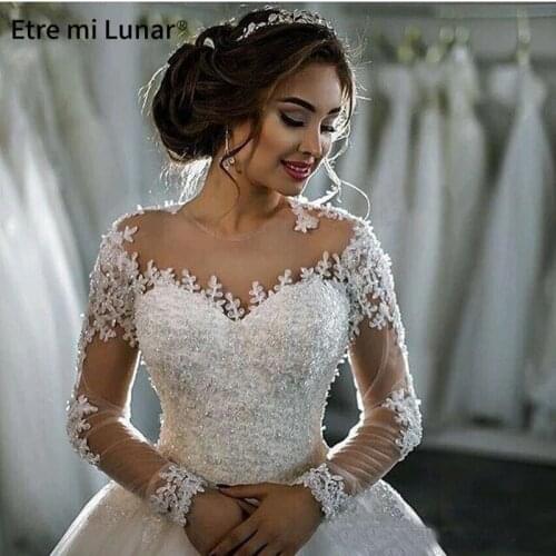 2020 Dubai Long Sleeves White Wedding Dress Sheer Crew Neck Beaded Ball Gowns Vestios De Novia WD30623