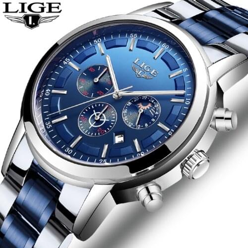 Relogio Masculino LIGE Fashion Mens Watches Top Brand Luxury Luminous Quartz watch Men Waterproof Moon Phase Chronograph Clock