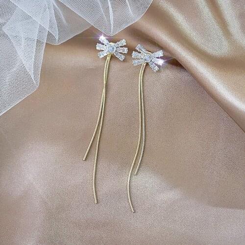 Zircon Bow-knot Dangle Earring Female Temperament Long Chain Tassel Bow Earrings Fairy Earrings Summer Fresh Wild Jewelry Gift