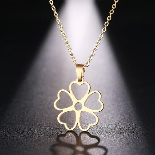 DOTIFI Stainless Steel Necklace For Women Five-leaf Flower Heart Gold/Silver Color Choker Pendant Necklace Engagement Jewelry