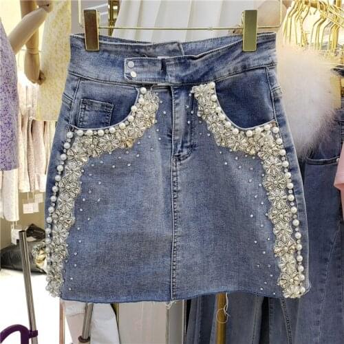 Denim Skirt Women Summer New Korean Style Sweet Beads Rhinestone Irregular High Waist Slimming A- Line Blue Jean Skirts Jupe