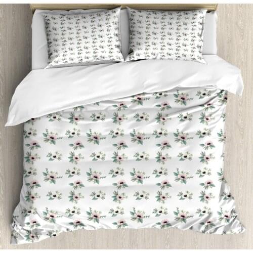 Floral Duvet Cover Set Paintings of Anemone Flowers with Leaves 3 Piece Bedding Set Blush Laurel Green Dark Purple Grey and Eggs