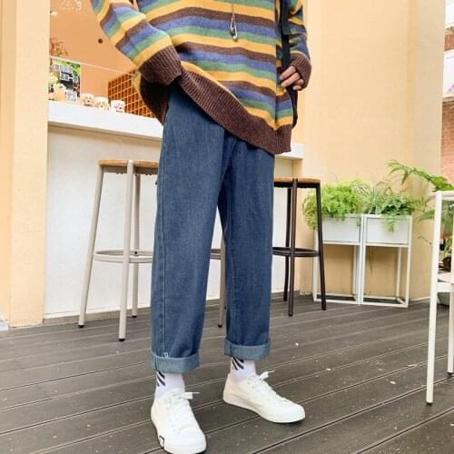 Hot 2020 Korean loose straight ankle length Denim jeans autumn new brand student wild casual street pants handsome mens pants
