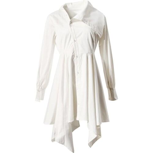 Fashion Casual Dress White Female Skirt Irregular Pleated Skirt V-Neck Long-Sleeved Loose Fit for The Tide Spring 2021 New