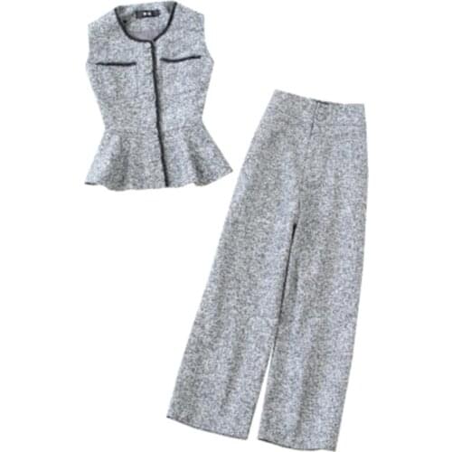 Fashion Plaid suit women spring New high quality Grey lotus leaf OL vest + high waist wide leg 9point pants Two-piece suit women