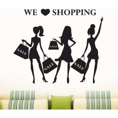 Shop Wall Stickers Removable Shopping Fashion Style Women Girls Vinyl Decals Popular Shopping Mall Window Decor Art Mural AY508