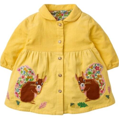 Little Maven Toddler Autumn Winter Skirt Long Sleeve Girls Yellow Squirrel Embroidery Clothes Lapel Children Casual Dresses 2-7Y