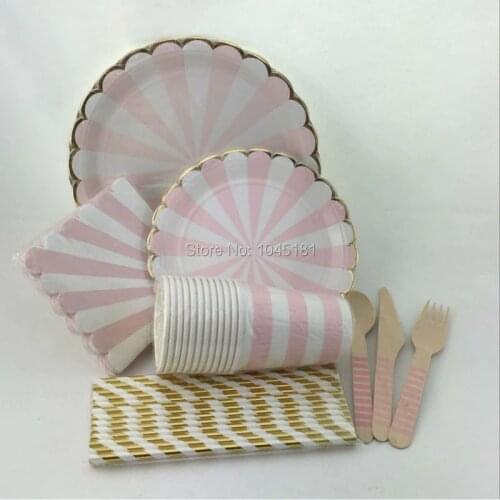 Pink Striped Party Tableware Foil Gold Paper Straws Plates Vintage Wooden Utensil Party Cups Cocktail Napkins for Baby Shower