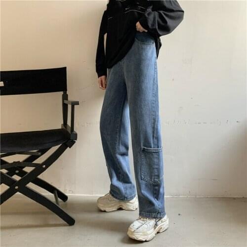 Blue Denim Trousers Vintage Wide Leg Pants Women Korean Style High Waist Casual Loose Pocket Jeans Plus Size 5XL