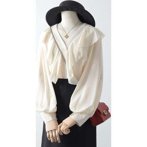 Ruffles Chiffon Women Shirts Summer New 2021 V-Neck Lantern-Sleeved Loose Elegant Office Lady Work Blouse Outwear Tops