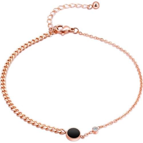 Fashion Charm Simple black round with CZ Anklet For Women Rose Gold Color Stainless Steel Ladies Female summer Jewelry Gift