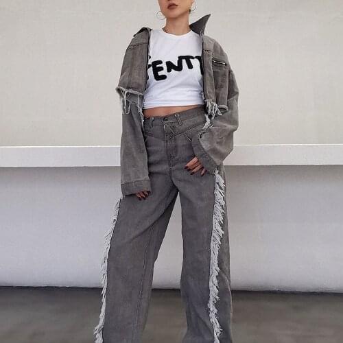 Tassel Patchwork Casual Denim Womens Set Tide Fashion New Style Turn Down Collar Long Sleeve Loose Personality Ladys Suit