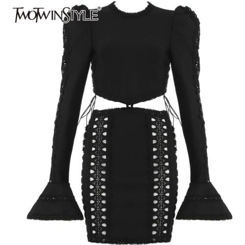TWOTWINSTYLE Black Hollow Out Sexy Bodycon Dress For Women O Neck Flare Long Sleeve High Waist Mini Dresses Female Fashion Style
