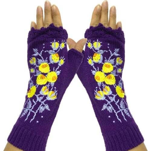 Women Autumn Knitted Lengthen Wrist Fingerless Gloves Sweet Small Yellow Floral Embroidery Thumbhole Mittens Arm Warmers