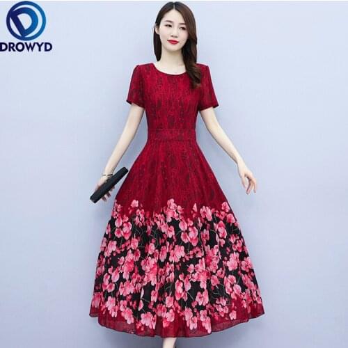 2021 Summer Sexy Beach Maxi Dress Elegant O-neck Red Print Dress Temperament Floral Hollow Short Sleeve Party Dresses Vestidos