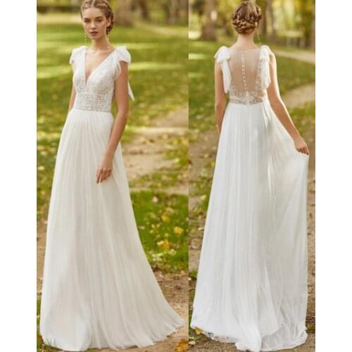 V-Neck Wedding Dresses Sleeveless Lace Chiffon Sweep Train A-Line Sheer Back Bridal Dress Arabic Wedding Gowns vestido novia