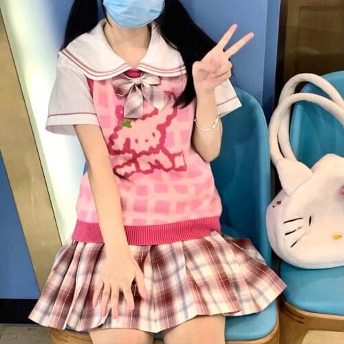 2021 New Japanese Autumn Lolita Sleeveless Sweater Pink Winter Women Bunny Strawberry Anime Knitted Vest Kawaii Pullover Knitted