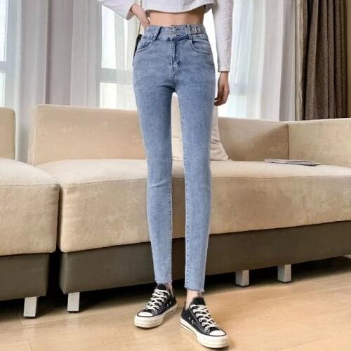 2021 Korean Wave Jeans High Waist Button Ladies Spring And Autumn Skinny Pencil Pants Plus Size Stretch Straight Legs Trousers