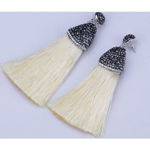 Bohemia Boho Beige Tan Ivory Silk Chunky Thick Tassel with Black Rhinestone Cap Connector Studs Dangle Tassel Earrings For Women