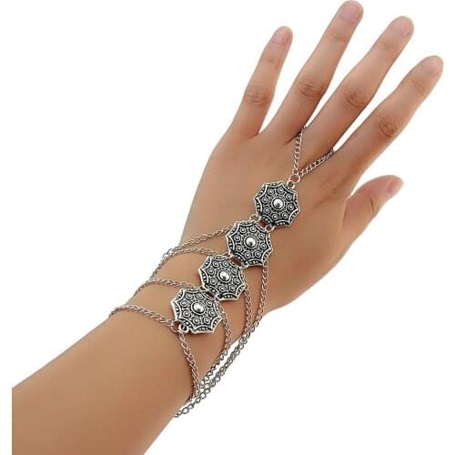 Bohemia Vintage carved Flower Pendant Silver-color Chain tassel Bracelet&bangle Charm Bracelets Gypsy Indian Jewelry for women