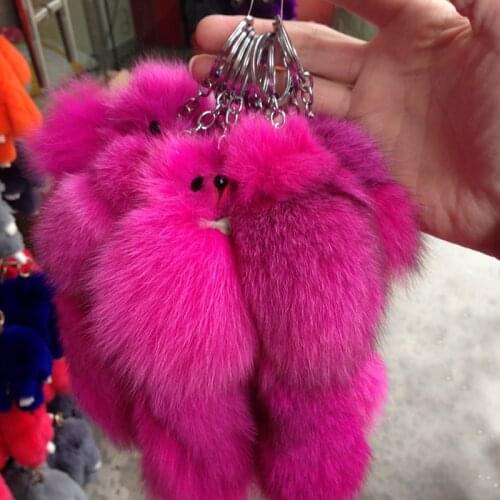 1pc Cute Fluffy Bow-knot Fox Ball Key Chain Rings Pompom Real Fox Fur Charm Keychain Car Bag Key Pendant Women