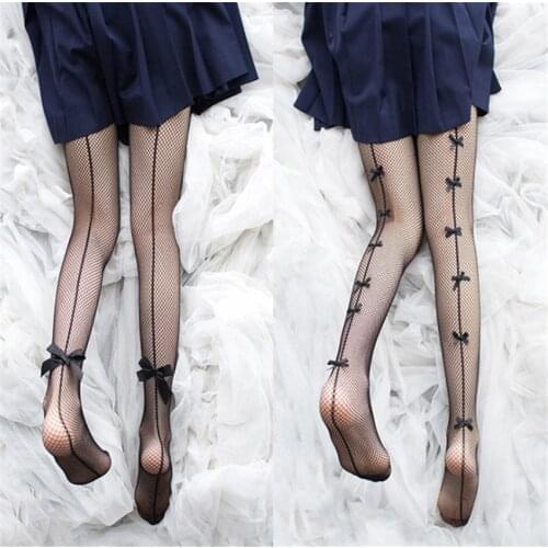 Stay Up Fishnet High Stockings Vertical Line Bow Small Net Pantyhose Over Back Knee Women Sexy Mesh Stockings B1650