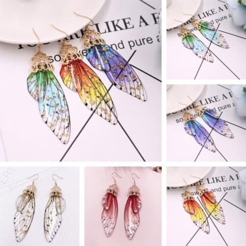 Colorful Neon Color Rhinestone Cicada Wings Earrings Trendy New Butterfly Gradient Pink Blue Sequins Long Earrings