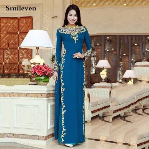 Smileven Blue Moroccan Kaftan Evening Dress Long Sleeve Lace Muslim Party Dress Side Soplit Long Dubai Special Occasion Dresses