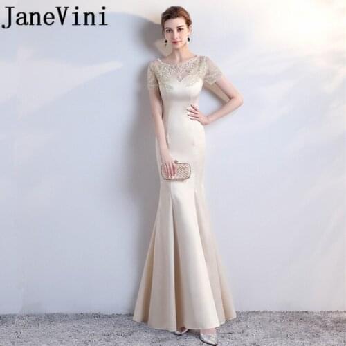 JaneVini Elegant Champagne Long Bridesmaid Dresses with Sleeves Mermaid Satin Lace Applique Pearls Beads Formal Party Prom Gowns