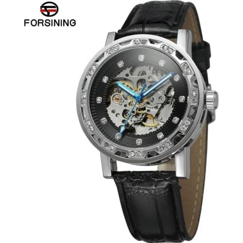 FORSINING Fashion trend womens mechanical wrist watch black leather strap silver case blue pointer diamond Automatic watch