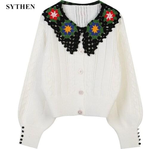 SAYTHEN Cropped Cardigan Women Autumn 2021 Cute Casual Knitted Sweater Crocheted Collar Lantern Sleeve Jumper Jacket Streetwear
