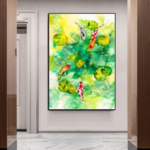 Watercolor Painting Koi Fishes Nature Carp Lotus Picture Landscape Poster and Print Wall Picture for Living Room Home Decoration